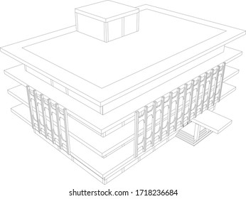 Ilustración 3D del edificio de oficinas en el marco alambrado - perspectiva vectorial