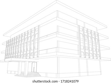 3D illustration of office building in wireframe - vector perspective