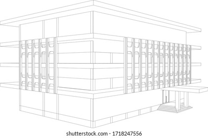 Ilustración 3D del edificio de oficinas en el marco alambrado - perspectiva vectorial