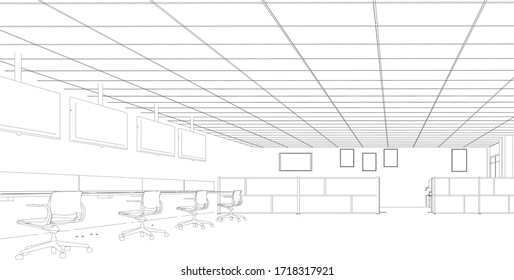 Ilustración 3D de la sala de oficinas en alambre - perspectiva vectorial