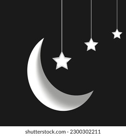 3d illustration ofwhite crescent moon. Element isolated on black background, suitable for Islam religion, magic or night time.