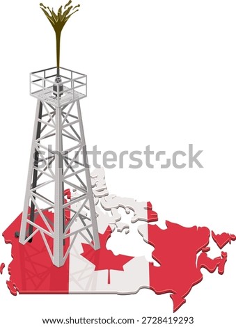3D illustration of an oil derrick tower with a gusher on a map of Canada with national flag, representing energy resources and fuel industry (cut out)