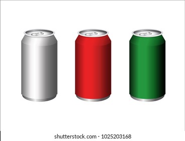 3D illustration on white background of three metal cans to carry drinks in silver, red and green colors.