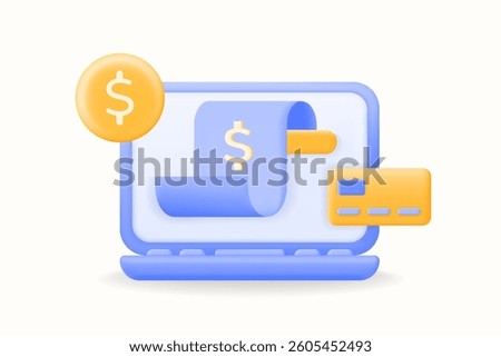 3D, illustration of online payment, featuring a laptop, receipt, dollar symbol, and credit card. Perfect for e-commerce, fintech, billing, and digital transactions. minimalist vector 