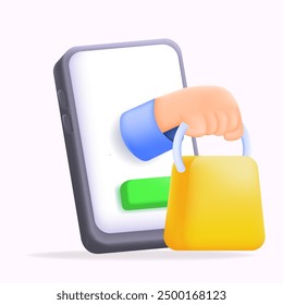 3D illustration of online shopping, hand holding shopping bag icon emerging from smartphone screen. Suitable for digital marketing, e-commerce websites materials and mobile shopping apps