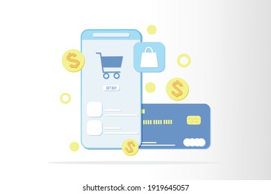 3d illustration online shopping with payment card on store marketplace using ornament smartphone and credit card. vector illustration