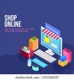 3D Illustration of Online Store App in Desktop with Keyboard, Basket Full of Products, Carry Bag, Medical Mask, Sanitizer Bottle and Gift Boxes on Blue Background.
