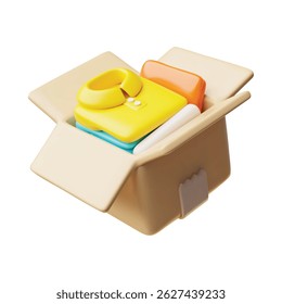 3D illustration of open cardboard box with clothes, donation. Charity work. Volunteer work. Humanitarian aid, support for the needy. Isolated background. Icon. Vector. Rendering.