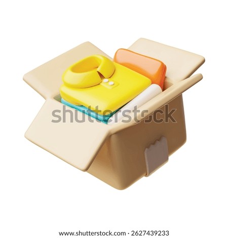 3D illustration of open cardboard box with clothes, donation. Charity work. Volunteer work. Humanitarian aid, support for the needy. Isolated background. Icon. Vector. Rendering.