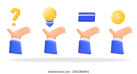 3D-Illustration von Handgesten mit Fragezeichen, Glühbirne, Kreditkarte und Dollarzeichen, für Finanzen, Innovation, Kundensupport und E-Commerce-Themen