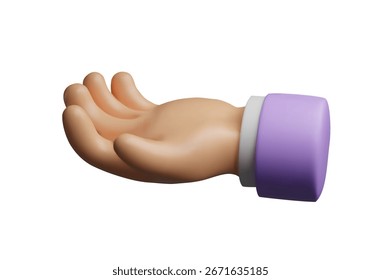 Ilustración 3D de una mano humana abierta con una manga púrpura. Obra conceptual minimalista que simboliza la Asistencia, el cuidado, el dar, la atención plena. Proyectos de bienestar, terapia, educación, caridad o atención médica.