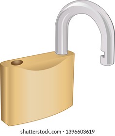 3D illustration of an open lock made of brass and steel.