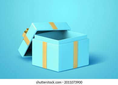 3d illustration of opened gift box with yellow ribbon on blue background