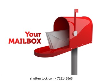 3d illustration of opened red mailbox with envelope, isolated on white background, vector realistic illustration