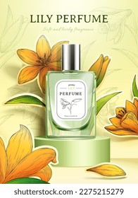 3D illustration of orange lily theme green perfume glass bottle with silver cap display on cylinder podium surrounded by engraved style lily flower sticker decoration.