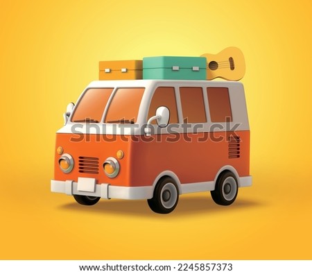 3d illustration of an orange mini van with luggage and guitar on top. Toy element for camping or travel activities.