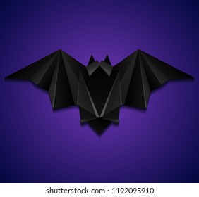 3d illustration of origami bat on violet background. Halloween. The object is separate from the background. Vector element for the design of cards, invitations and your creativity.