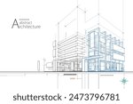 3D illustration Outline drawings of abstract modern urban buildings and architecture.