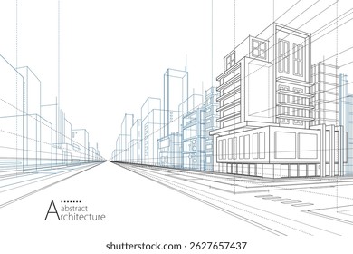 Ilustração 3D Desenhos esquemáticos de edifícios urbanos modernos abstratos e arquitetura.