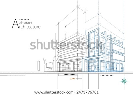 3D illustration Outline drawings of abstract modern urban buildings and architecture.