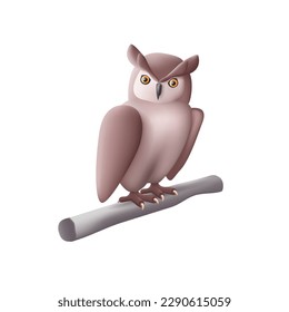 3d illustration of an owl on a branch, gradient mesh soft shaped graphics