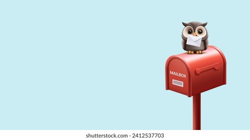 3d illustration of owl sitting on top of red mail box with envelope in beak, school of witchcraft invitation