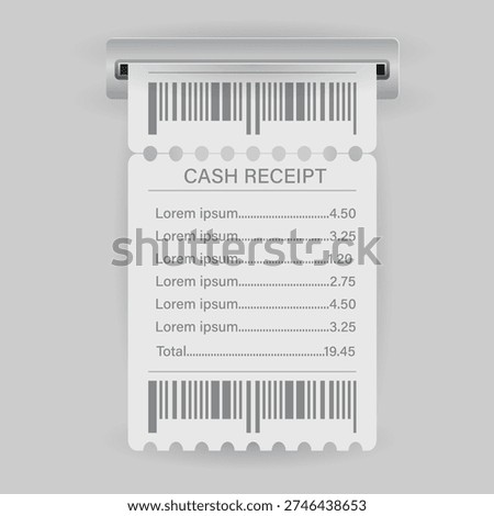 3D illustration of a paper cash receipt with barcode coming out of a payment terminal slot. Minimalist design for financial transactions, billing, retail shopping, and expense tracking concept.