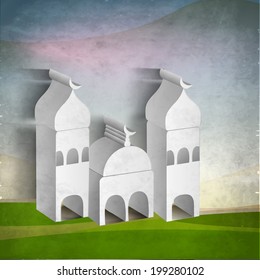 3D illustration of a paper mosque on green land for holy month of Muslim community Ramadan Kareem. 