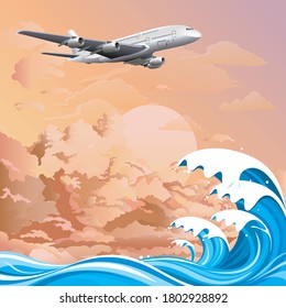 Ilustración en 3D avión de pasajeros que sobrevuela las olas del océano fijadas contra un cielo rosa del amanecer o del anochecer