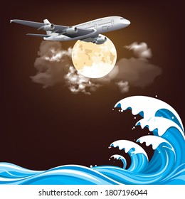 3D illustration passenger plane flying over ocean waves set against a full moon night sky