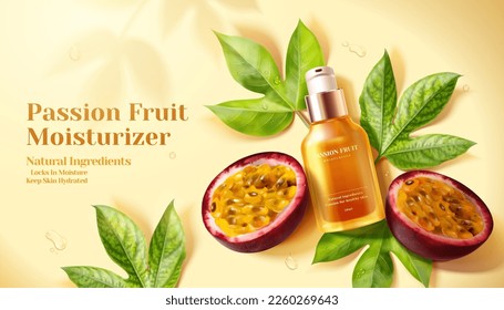 3D illustration of passion fruit skin care product ad. Orange pump bottle display on green leaves alongside with sliced passion fruit.