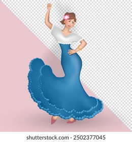 3d illustration of Passionate Female Flamenco dancer. Woman in a vibrant dress and a flower in hair showcasing dynamic movements with dramatic hand gestures and powerful footwork. Hispanic heritage