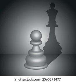 3d illustration of a pawn with shadow of a king.king reflected in the shadow of the pawn,The inner meaning of this illstration is don't judge a book by its cover,Eps 10 vector illustration.