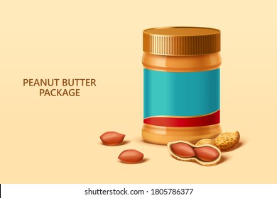 3d illustration of peanut butter spread packet with blank label and peanuts in shell over beige background