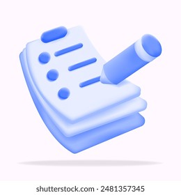 3D illustration of a pen and checklist on stacked papers. Ideal for content on productivity, task management, to-do lists, and organizational tools. Perfect for business and office-related topics