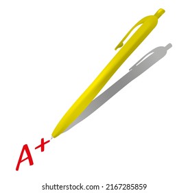 3d illustration, pen writes A+ grade. Realistic vector element for design, school theme. Excellent rating, maximum score.