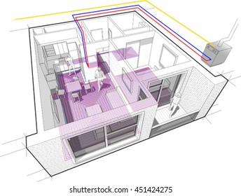 3d illustration of Perspective cutaway diagram of a one bedroom apartment completely furnished with hot water underfloor heating and gas water boiler as source of energy for heating