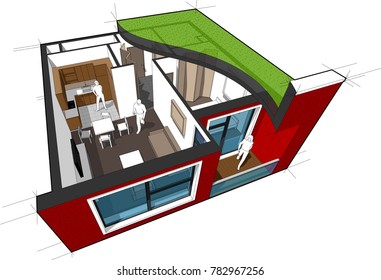 3d illustration of Perspective cutaway diagram of a one bedroom apartment completely furnished with flat roof cutaway over it