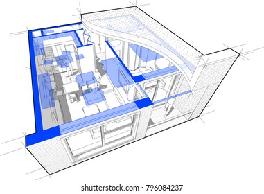 3d illustration of Perspective cutaway diagram of a one bedroom apartment completely furnished with flat roof cutaway over it and with schematic floorplan above