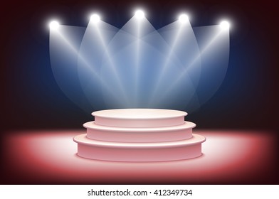 3d Illustration of Photorealistic  Podium Stage with Blue Stage Lights Background. Used for Product Placement, Presentations, Contest Stage. Blue stage light background art