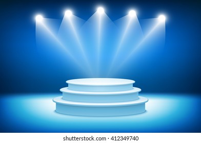 3d Illustration of Photorealistic  Podium Stage with Blue Stage Lights Background. Used for Product Placement, Presentations, Contest Stage. Blue stage light background art