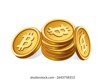 Ilustração em 3D de uma pilha de moedas de Bitcoin douradas com o símbolo Bitcoin, ilustrando a riqueza e o investimento em criptomoedas.