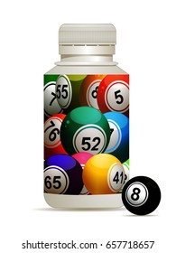 3D Illustration of Pills Plastic Bottle with Bingo Lottery Balls Label and One Black Bingo Ball on the Side