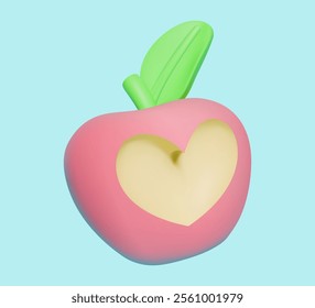 3D illustration of a pink apple with a heart-shaped cutout and green leaves on a blue background. Minimalistic design for modern digital art and decoration.