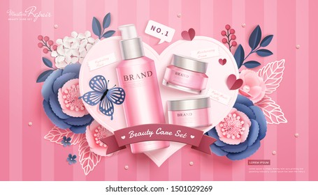 3d illustration pink cosmetic skincare set lying on paper heart with flowers and butterfly, flat lay stripe background