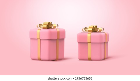 3d illustration of pink gift boxes with golden satin ribbons. Elements isolated on pink background.