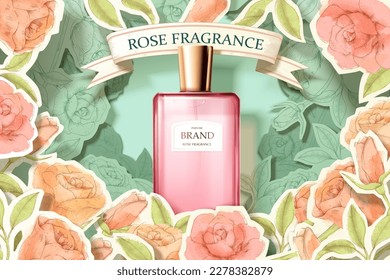 3D illustration of pink perfume glass bottle with bronze cap surrounded by layers of paper cut and engraved style rose flower decoration.