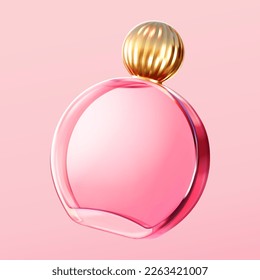 3D illustration of pink round perfume glass bottle with gold round cap isolated on light pink background.