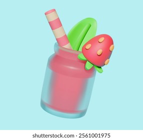 3D illustration of a pink smoothie jar with a striped straw and a strawberry decoration on a blue background. Minimalistic design for modern digital art and food-themed graphics.