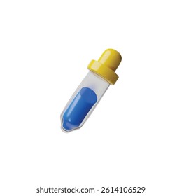 3D illustration of a pipette with blue liquid. Medical and digital editing tool. User interface. Color picker. Beauty and health. Cartoon style. Isolated icon. Vector.